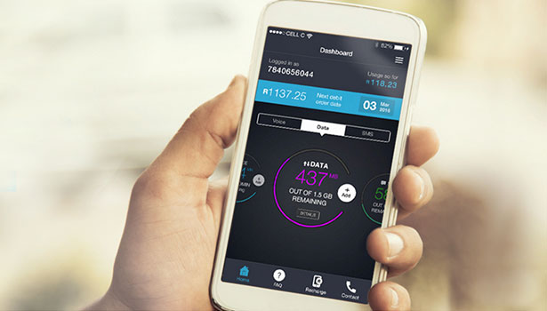 Image showing a screen of what the dashboard looks like in the Cell C app in situ on a phone.